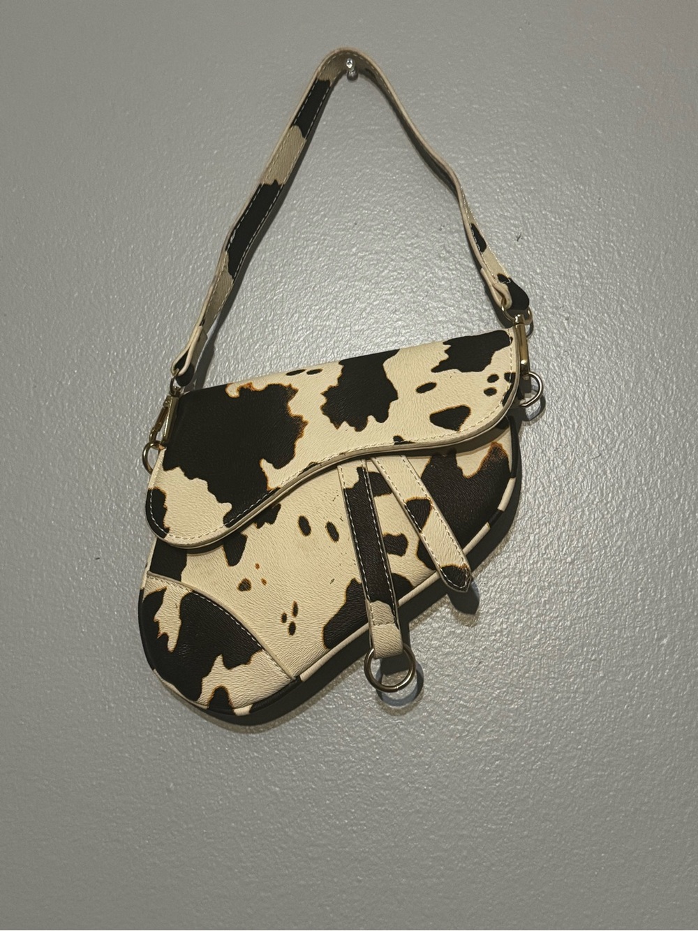 Cow Print Western Rodeo Saddle Bag - Cream and Black Shoulder Purse